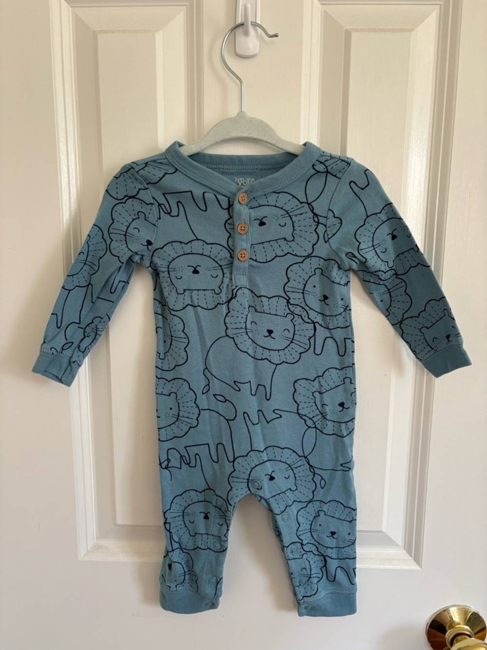 Soft Blue Lion Print Baby One-Piece Footie Romper